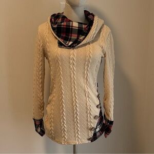 Dressfo Cable Knit Sweater Plaid Cowl Hood Medium Cozy Fall